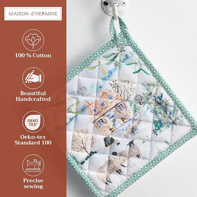 Maison d' Hermine Pot Holders Set 100% Cotton Heat Resistant Potholders 8" x 8" Hot Pads with Loop BBQ, Cooking, Baking, Grilling, Kitchen, Handling Hot Pans (Pack of 2, Snowy World)