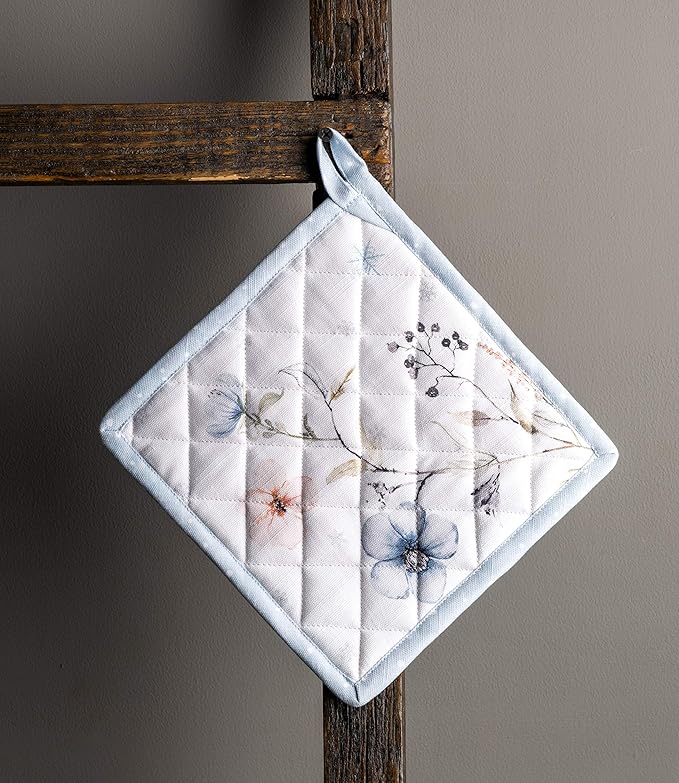 Maison d' Hermine Pot Holders Set 100% Cotton Heat Resistant Potholders 8" x 8" Hot Pads with Loop BBQ, Cooking, Baking, Grilling, Kitchen, Handling Hot Pans (Pack of 2, Ice Florals)