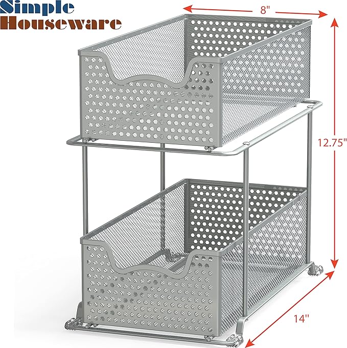 Simple Houseware 2 Tier Sliding Cabinet Basket Organizer Drawer, Silver