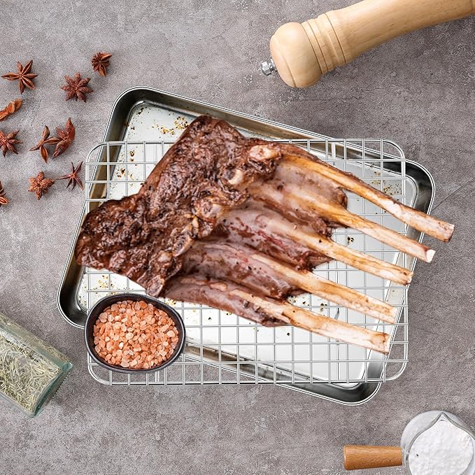 Homikit Cookie Sheet with Rack, 10 x 8 Inch Stainless Steel Small Baking Sheet with Wire Rack Set for Baking Roasting Cooling, Small Toaster Oven Pan Bacon Tray, Non-Toxic & Dishwasher Safe