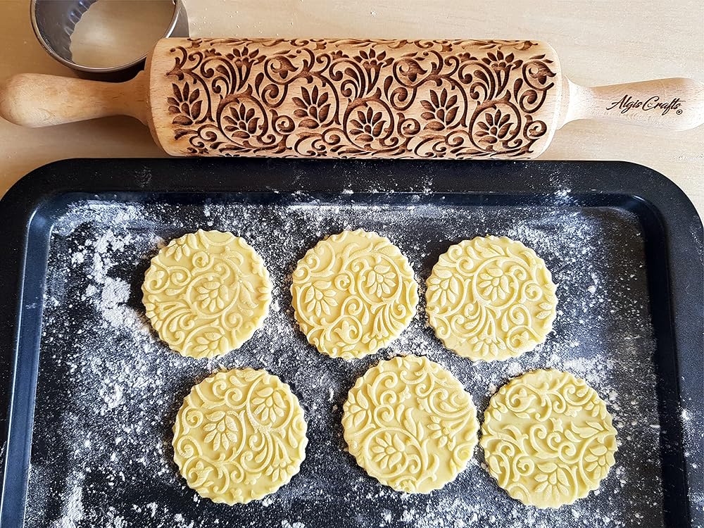 FLOWERING VINE Embossing Rolling Pin. Laser Engraved Dough Roller with Climbing Flowers Pattern for Embossed Cookies or Pottery by Algis Crafts