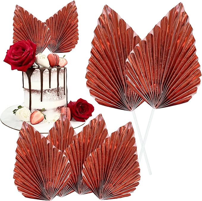 Gyufise 6Pcs Paper Palm Fan Cake Toppers Palm Spear Leaves Fan Cupcake Toppers Cake Insert Decorations Craft DIY Cake Bakeware Decoration for Birthday Wedding Party Supplies Light Rose Gold