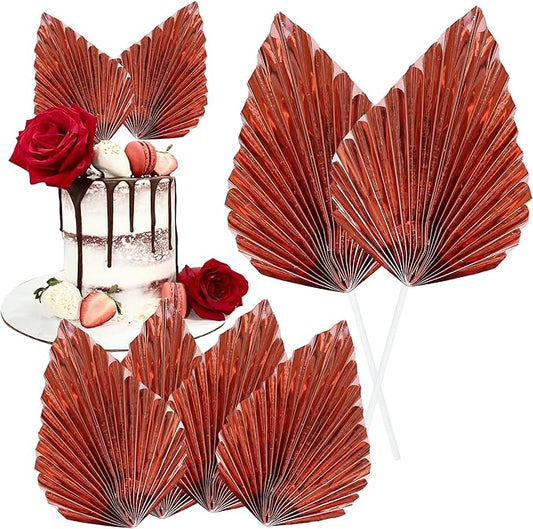Gyufise 6Pcs Paper Palm Fan Cake Toppers Palm Spear Leaves Fan Cupcake Toppers Cake Insert Decorations Craft DIY Cake Bakeware Decoration for Birthday Wedding Party Supplies Light Rose Gold