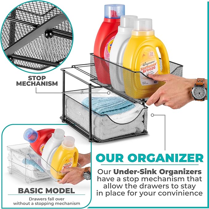 Sorbus 2 Sets of 2 Tier Metal Under Sink Organizer for Bathroom, Kitchen, Strong Steel Mesh Sliding Drawers for Under Sink, Under Cabinet, Closet, Kitchen, Pantry, Bathroom Organizers and Storage