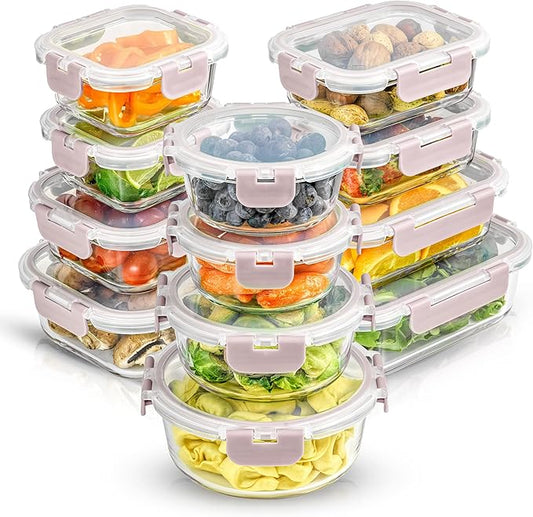 JoyJolt 24pc Borosilicate Glass Storage Containers with Lids | 12 Airtight/Freezer Safe Food Storage Containers for Pantry and Kitchen | Meal Prep Container for Lunch | Glass meal Set
