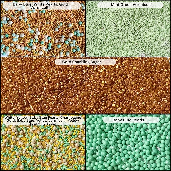 Confect Edible Sprinkles Mix Pack of 5 – Cool Summer Breeze Theme – Yellow Pearl Dragees, Mint Green & Gold Jimmies, Sparkling Gold Sugar – Cake & Cupcake Decorating Toppings - Vegan, Gluten-Free, Nut-Free, Soy-Free, Dairy-Free, Palm Oil-Free- 5 Oz
