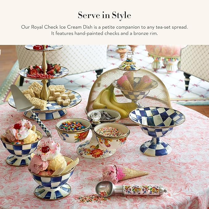 MACKENZIE-CHILDS Enamel Ice Cream Bowl, Serving Bowls for Entertaining, 2-Cup Capacity, Blue-and-White Royal Check