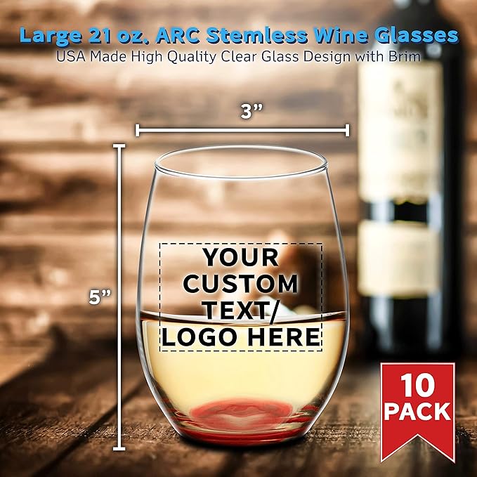 DISCOUNT PROMOS 10 ARC Stemless Wine Glasses Set, 21 oz. - Customizable Text, Logo - Chardonnay, Cabernet, Merlot, Sauvignon - Red