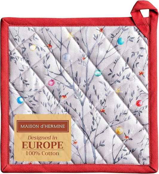 Maison d' Hermine Pot Holders 100% Cotton Heat Resistant Potholders 8" x 8" Hot Pads with Loop BBQ, Cooking, Baking, Grilling, Kitchen, Handling Hot Pans (Pack of 1, Fairy Christmas)