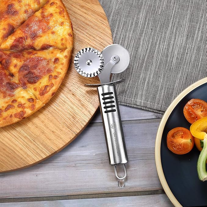 Pizza Cutter Set Stainless Steel Kitchen Gadget Set (6 PCS Set) - Includes Pizza Cutter Wheel, Chocolate & Cheese Grater, Serrated Pie & Cake Server, Garlic Press, Free Brush and Bonus Oven Mitt