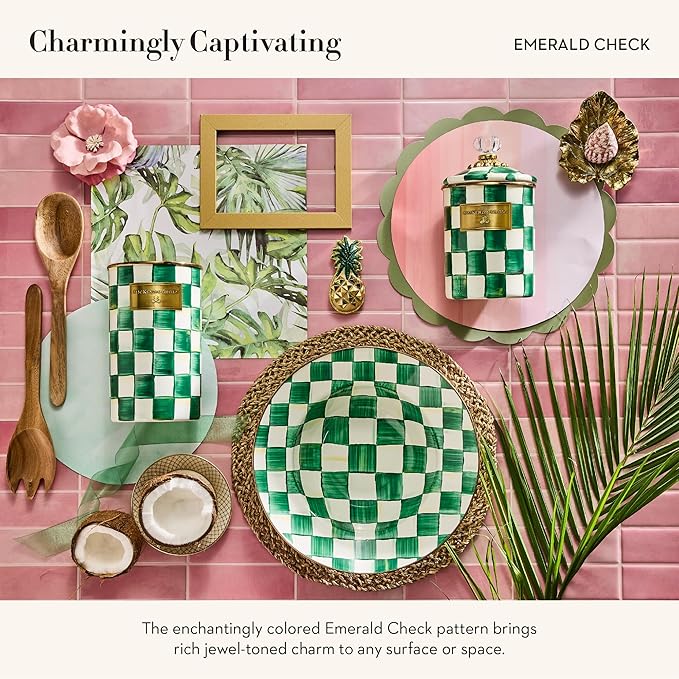 MACKENZIE-CHILDS Enamel Utensil Holder, Kitchen Utensil Holder for Countertop, Green-and-White Emerald Check