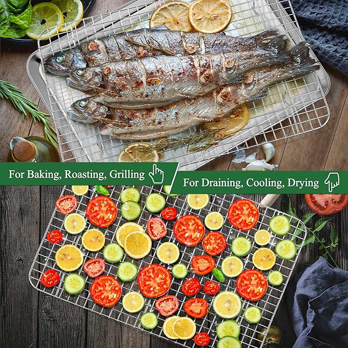 P&P CHEF 17.5 Inch Baking Sheet and Rack Set, Stainless Steel Cookie Sheets Oven Baking Pans Trays with Cooling Racks for Cooking & Roasting, Oven & Dishwasher Safe, (4Pcs)