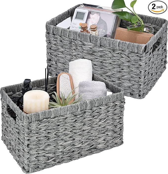 GRANNY SAYS Wicker Baskets with Handles - Gray Storage Baskets (2-Pack) for Organizing Cabinet, Coffee Table