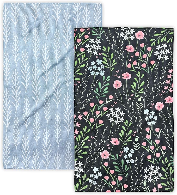 Kitchen Towels, 18" x 30" Dish Towels for Kitchen Drying, Quick Dry Tea Towels, Premium Microfiber Dish Cloths, Midnight Bloom Series, 2-Pack