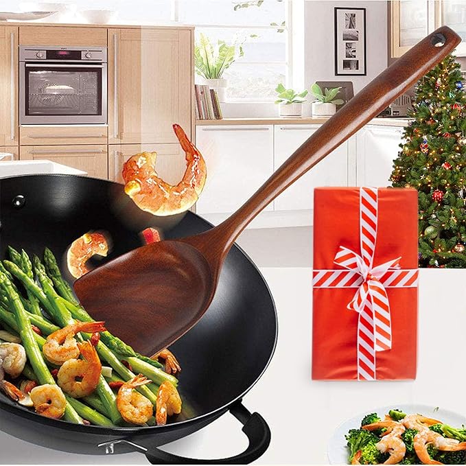 FJNATINH Wooden Wok Spatula Ladle Tool Set, 14-inch Long Handle Teak Wok Spatula