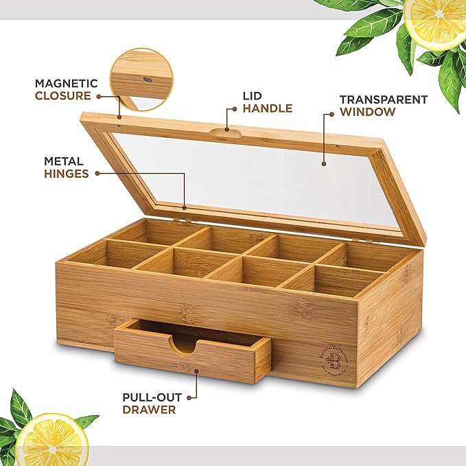Bambüsi Personalized Tea Organizer - Engraved Bamboo Tea Box, 8 Compartments, Acrylic Window, Magnetic Lid - Unique Gift for Tea Enthusiasts