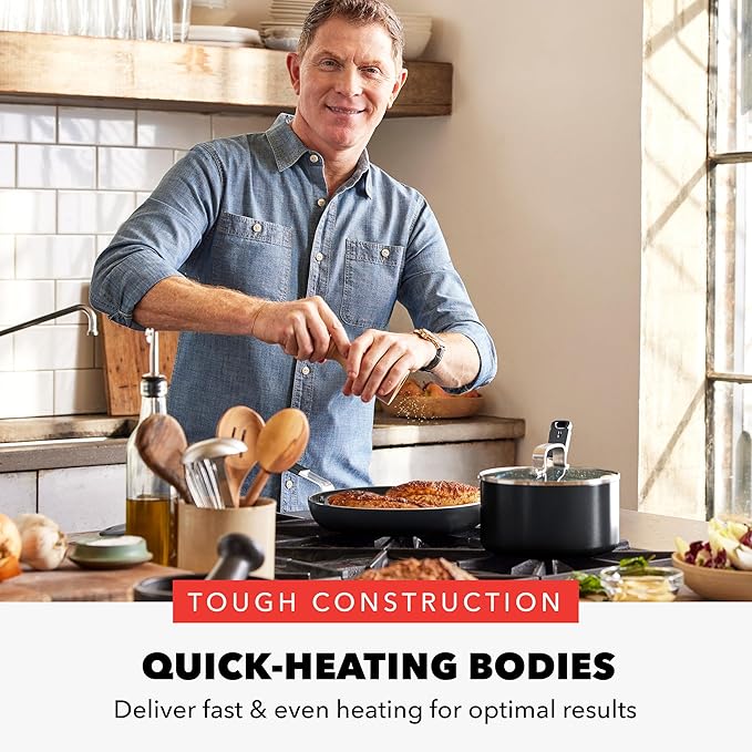 GreenPan x Bobby Flay 13 Piece Cookware Pots and Pans Set and 8" Chef's Knife. PFAS & PFOA-Free Ceramic Nonstick, Induction Suitable, Stay-Cool Silicone Handle, Dishwasher & Oven Safe, Black