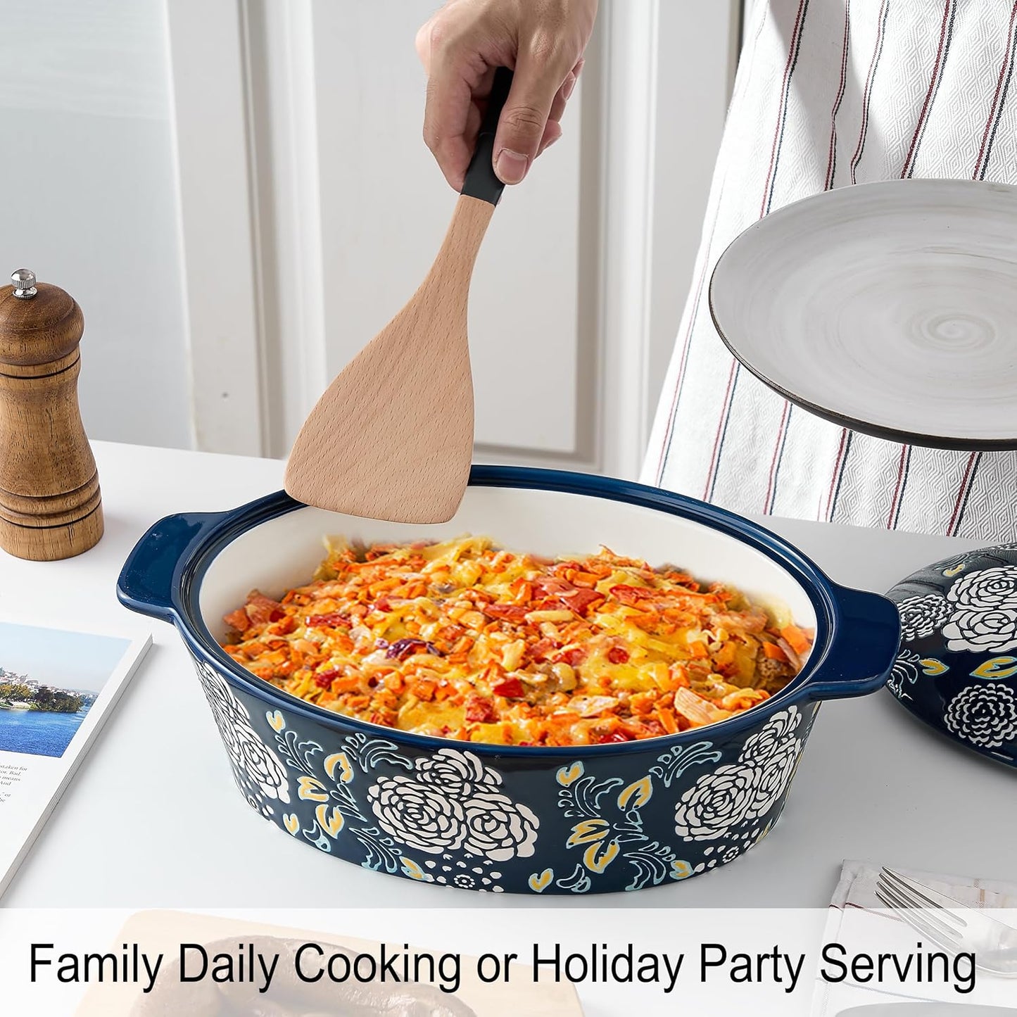 Ceramic Casserole Dish With Lid, Casserole Dishes for Oven, Baking Dish Lasagna Pans For Cooking, Oval Baking Pan, Dutch Oven, Perfect for Bread Baking and Serving, Housewarming, Thanksgiving - Blue