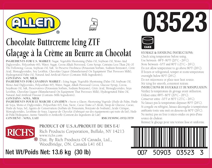 Rich's JW Allen Pre-Whipped Chocolate Buttercreme Icing ZTF, 30 lb