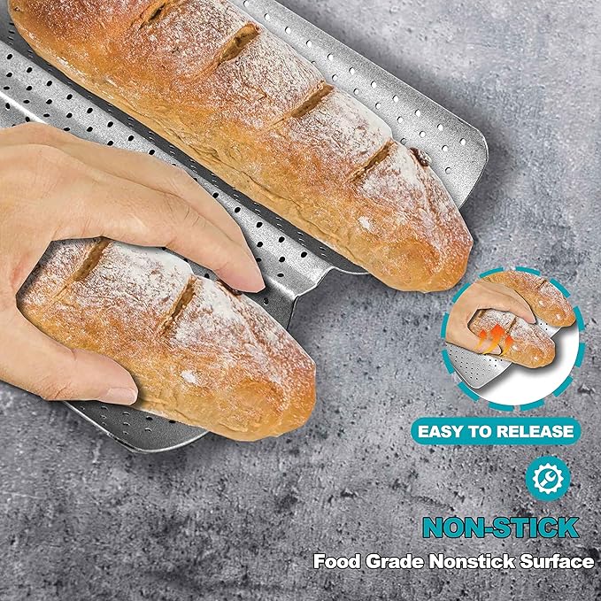 Anaeat Nonstick Perforated French Bread Baking Pan, 15"X 6.3" Premium Toast Mold, Silver