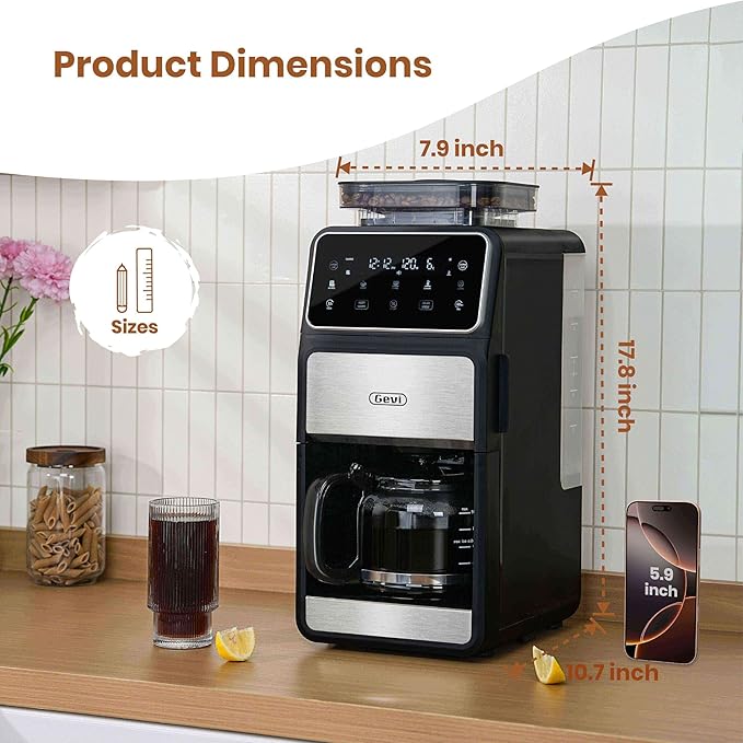 Gevi 10-Cup Grind & Brew Coffee Maker with Built-in Burr Grinder – Programmable Touch Screen, 4-Hour Keep Warm, Permanent Filter, Drip Coffee Machine for Home & Office