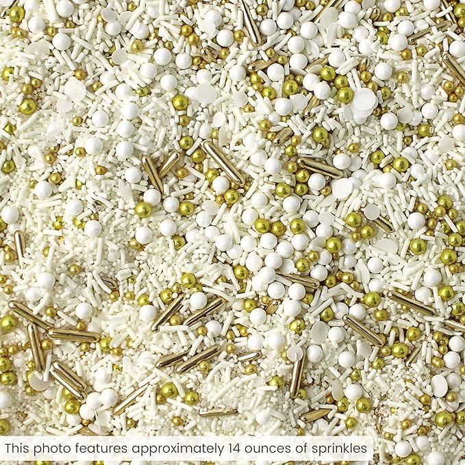 Wedding White Sprinkle Mix| Made In USA By Sprinkle Pop| Pastel White Sprinkles With Gold Metallics Dragees| Sprinkles For Decorating Bridal Shower Wedding Anniversary Party Cupcakes Cake Cookies, 2oz