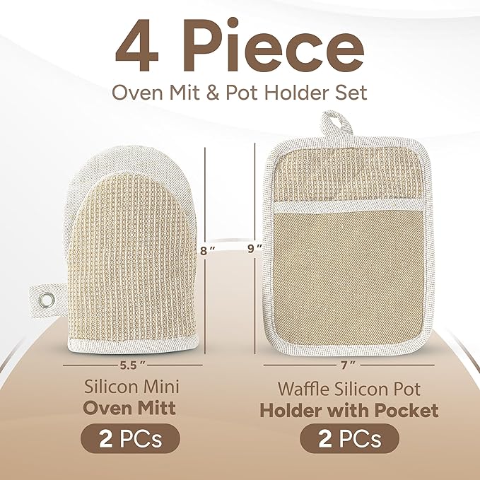 Casa Platino Mini Oven Mitts & Silicone Pot Holders, 4-Piece – Heat Resistant Gloves for Cooking & BBQ, Hot Pads for Kitchen – Withstands Up to 500°F, Non-Slip & Machine Washable – Beige