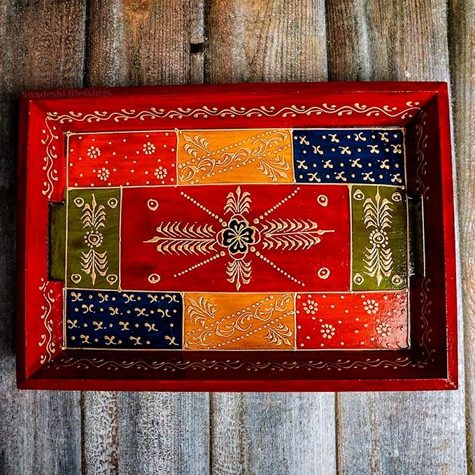 Swadeshi Blessings Handcrafted & Hand-Painted Embossed Wooden Serving Trays Set of 3- for Kitchen/Table & Home Decor/Dinning/Gifts/Restaurants/Living Room/Coffee Table (AntiqueRed)