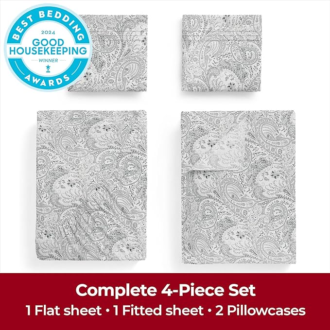Mellanni Full Sheets Set - 4 PC Iconic Collection Bedding - Hotel Luxury, Extra Soft, Cooling Bed Sheets - Wrinkle, Fade, Stain Resistant (Full, Paisley Gray)