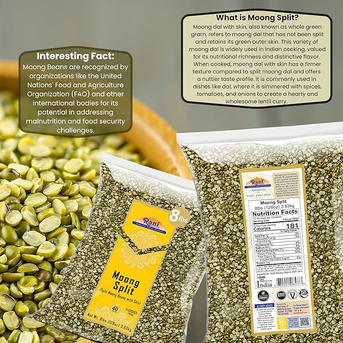 Rani Moong Split (Split Mung Beans with Skin) Lentils Indian 128oz (8lbs) 3.63kg Bulk ~ All Natural | Gluten Friendly | Non-GMO | Kosher | Vegan | Indian Origin