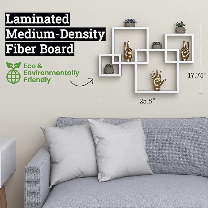 Greenco 4 Cube Intersecting Shelves, Easy-to-Assemble Floating Wall Mount Shelves for Bedrooms and Living Rooms, Natural Finish