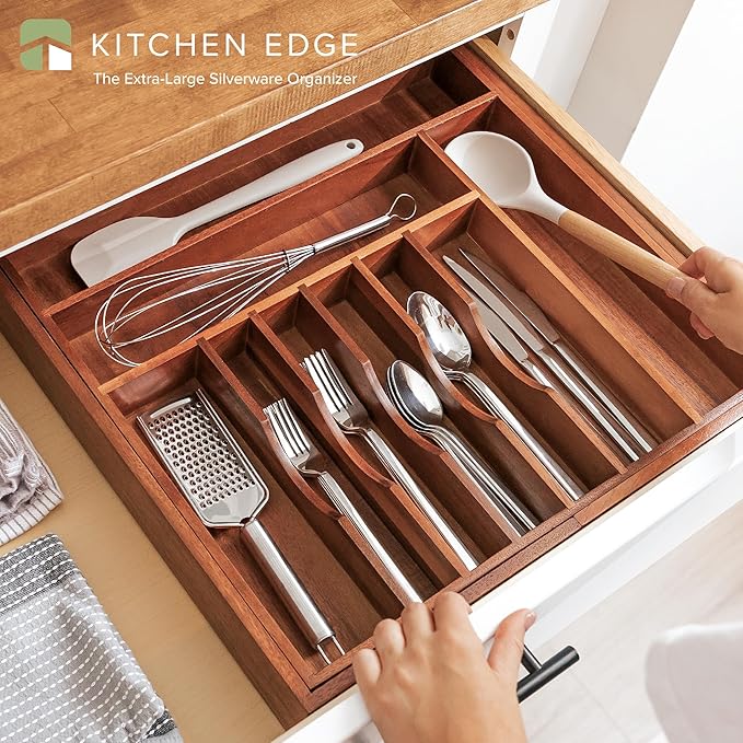 Premium Silverware, Flatware and Utensil Organizer for Kitchen Drawers, Food-Safe Contract Grade, Expandable from 18 to 33 In, Natural Acacia