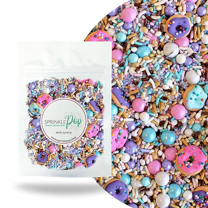 Sprinkle Pop Donut Sprinkle Mix| Lavender White Gold Pink Blue Sprinkle Mix with ~6 Sprinkled Donuts Royal Icings| Birthday Decorating Sprinkles Made in USA for Cupcakes Cakes Cookies Donuts, 2oz