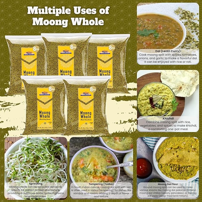 Rani Moong Whole (Ideal for Cooking & Sprouting, Whole Mung Beans w/Skin) Lentils Indian 128oz (8lbs) x Pack of 5 (Total 40lbs) Bulk ~ All Natural | Gluten Friendly | Non-GMO | Vegan | Indian Origin