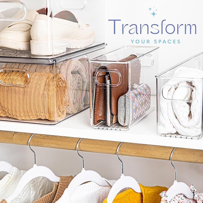 Plastic Food Storage 4 Pack Clear Container Bin with Handles for Organizing Kitchen, Pantry, Refrigerator, Freezer, Pantry, Cabinet, Closet, Bathroom. 10”x4”x6”