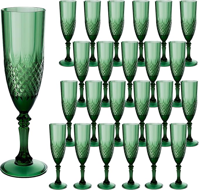 Plastic Champagne Flutes, 24PCS Dark Green Plastic Wine Glasses Goblets Reusable Champagne Flute for Weddings, Bachelor Parties, Toasting, and Events(24, Dark Green)