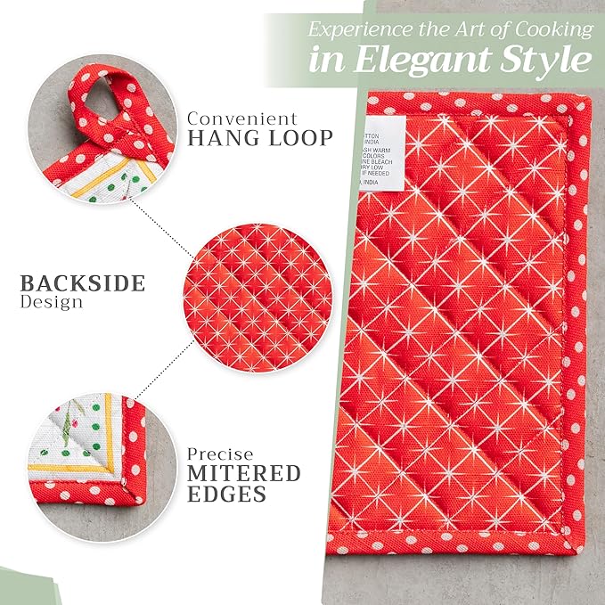 Maison d' Hermine Pot Holders 100% Cotton Heat Resistant Potholders 8" x 8" Hot Pads with Loop BBQ, Cooking, Baking, Grilling, Kitchen, Handling Hot Pans (Pack of 1, Poinsettia Christmas)