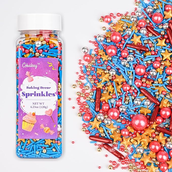 Cobakey Patriotic Sprinkles for Baking, 4th of July Sprinkles With Gold Star, Perfect for Independence Day Dessert Party 4.23 Ounce