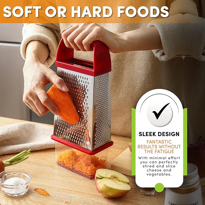 Spring Chef Professional Red 10" Parmesan Cheese Grater With Container, Stainless Steel & Soft Grip Handle, 4 Sided Kitchen Carrot Shredder, Handheld Box Grater for Potato, Veggie, Ginger, Hashbrown