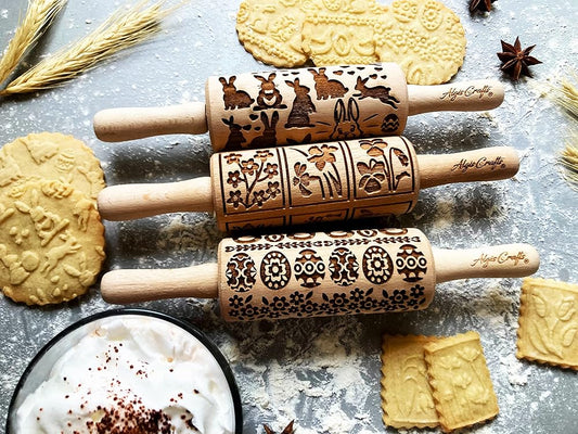 EASTER 3 Mini Embossed Rolling Pin Set. Wooden Laser Cut Embossing Rolling Pins for Embossed Cookies. Easter, Rabbit, Egg, Chicken, Spring, Flowers from Algis Crafts