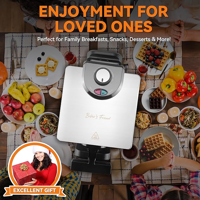 Baker's Friend Mini Waffle Maker Flip, Belgian Waffle Maker Thick, Rotating Waffle Maker with Browning Control, Waflera Electrica, Waffle Irons Non Stick Surface, With Recipe & Brush, Stainless Steel