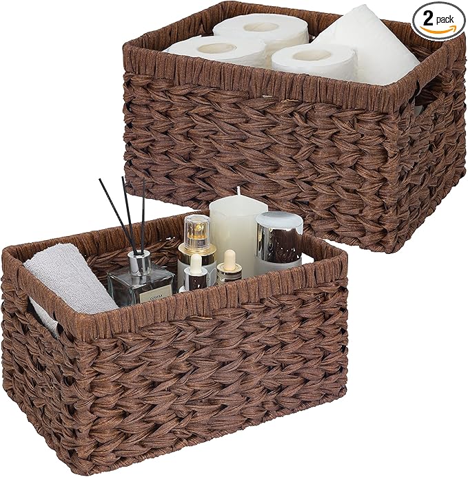 GRANNY SAYS Wicker Storage Baskets for Shelves, Wicker Baskets for Organizing, Waterproof Woven Basket for Pantry, Rectangle Basket for Shlef, Brown, 2-Pack