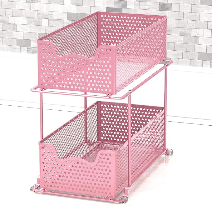 Simple Houseware 2 Tier Sliding Cabinet Basket Organizer Drawer, Pink