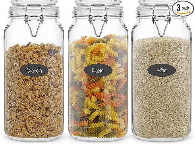 JoyJolt Airtight Glass Jars with Lids Set of 3. 78oz Glass Jar with Lid and 6 Silicone Seals! Large Glass Food Storage Containers. Square Mason Jar for Candy, Flour, Pasta Containers for Pantry