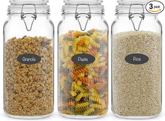 JoyJolt Airtight Glass Jars with Lids Set of 3. 78oz Glass Jar with Lid and 6 Silicone Seals! Large Glass Food Storage Containers. Square Mason Jar for Candy, Flour, Pasta Containers for Pantry