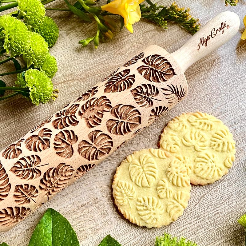 Embossing Rolling Pin MONSTERA with Tropical Pattern. Dough roller for embossed cookies and Pottery by Algis Crafts