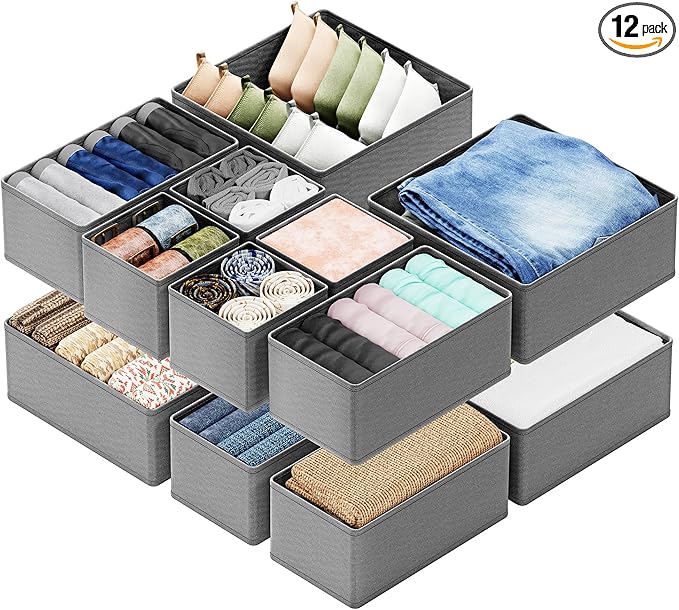 SpaceAid Drawer Organizer Clothes, 12 Pack Dresser Organizer Bins for Nursery, Closet Organization and Storage Dividers for Clothing, Baby Clothes, Underwears, Socks (Grey)