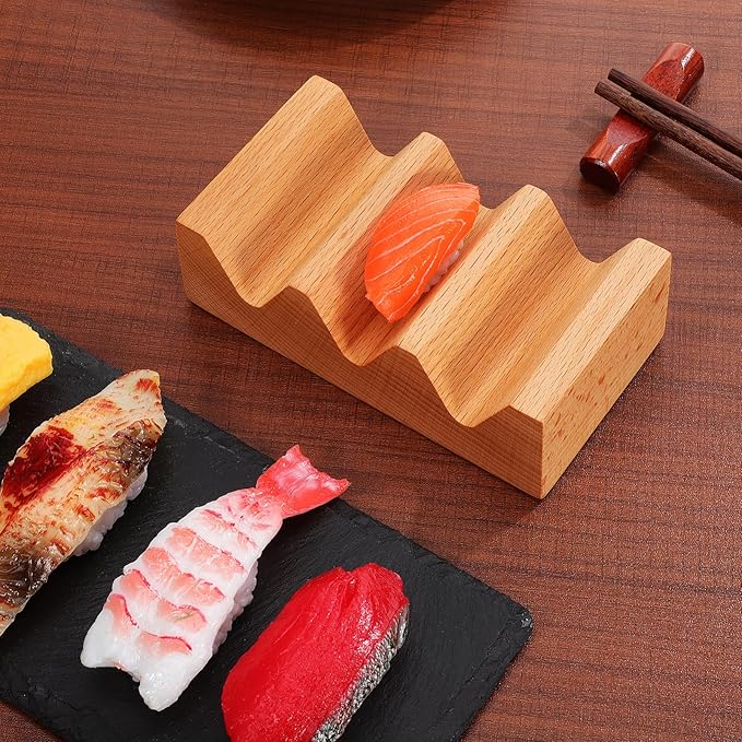 Kichvoe Sushi Holder Wooden Serving Stand: Taco Holder Sushi Rack with 3 Slots - V Shaped Japanese Cuisine Serving Tray for Kitchen Counter Or Dining Table, 5.11 * 2.87 * 1.69inch