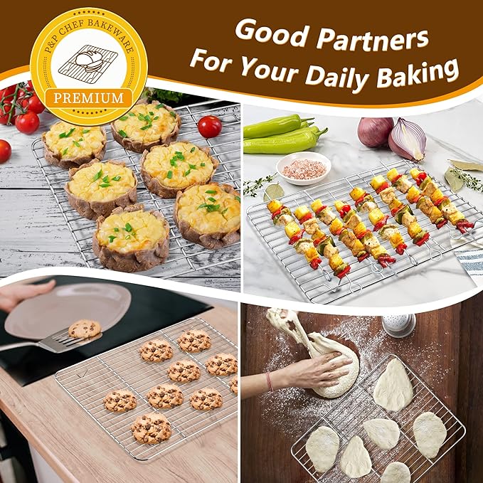 P&P CHEF 12.5 Inch Baking Sheet Pan with Rack Set, Stainless Steel Cookie Sheet Pan Tray with Cooling Rack for Oven Use, Cooking Roasting, Non Toxic & Dishwasher Safe, Heavy Duty