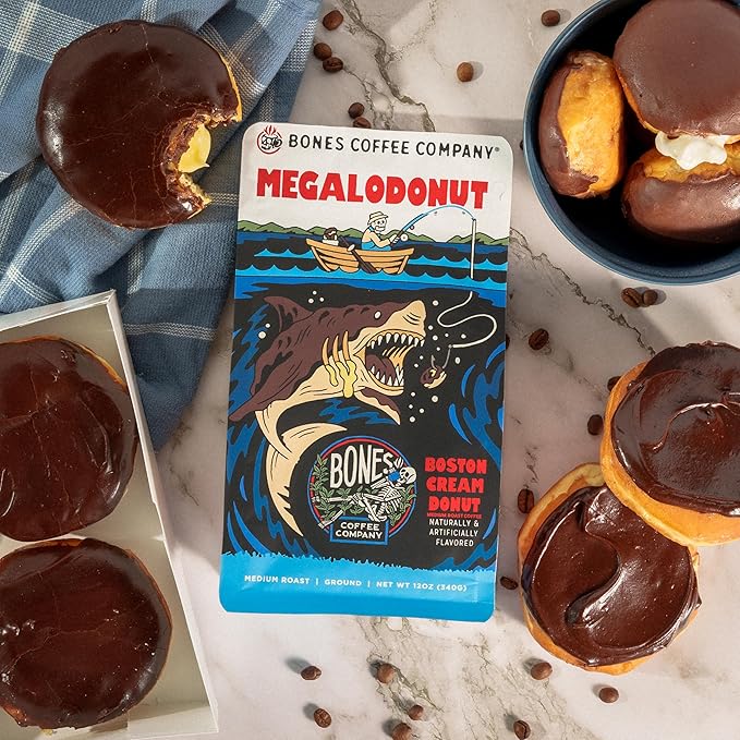 Bones Coffee Company Megalodonut, Boston Cream Donut Flavored Coffee, Medium Roast Low Acid Arabica Beans Compatible with Auto drip and French Press Coffee Maker, 12 Oz Ground